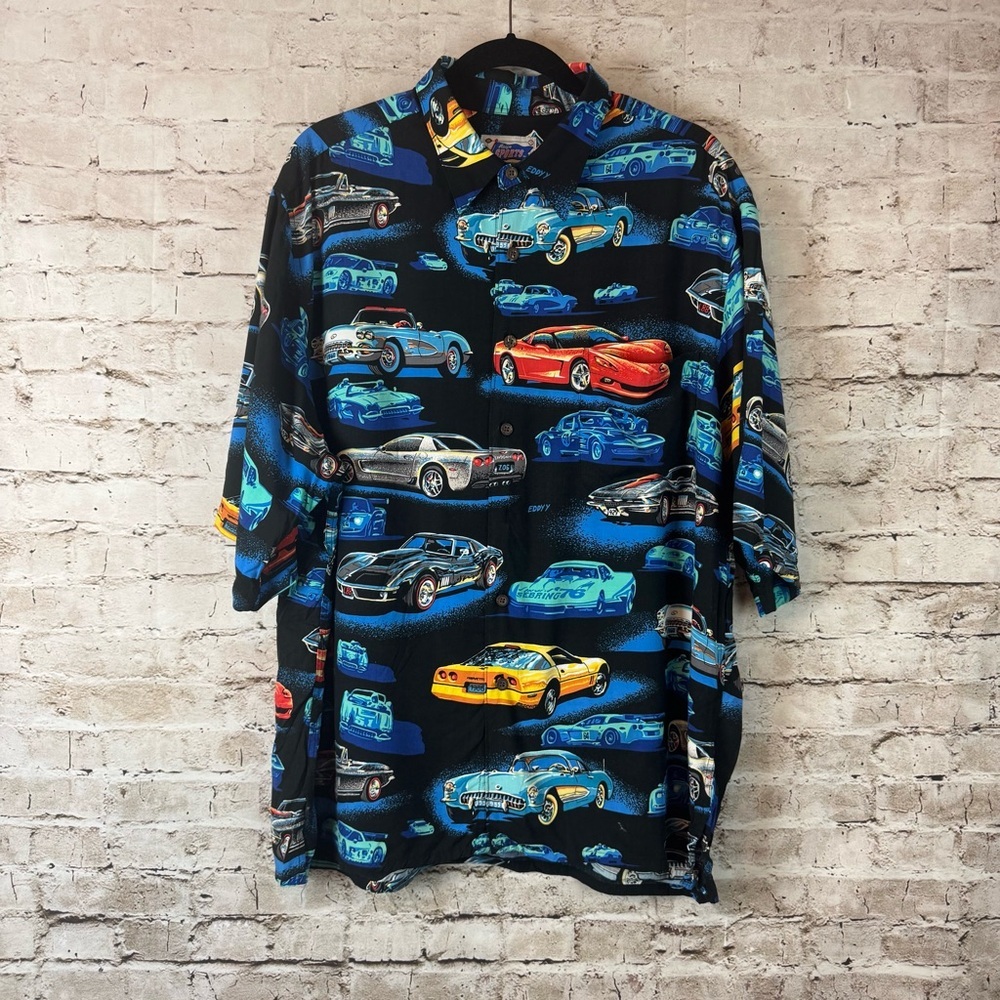 Reyn Spooner Sports Men's XL Classic Race Cars Hawaiian Short Sleeve Shirt Rayon